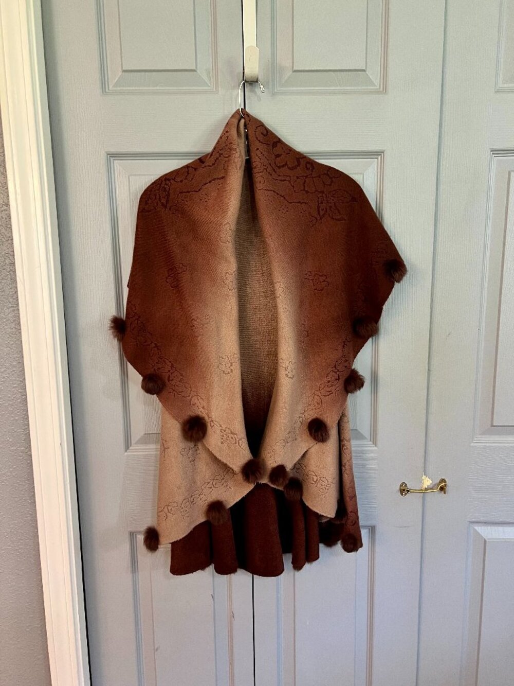 Poncho Wrap Cape Sweater Brown Ombre With Fur Pom-Pom’s